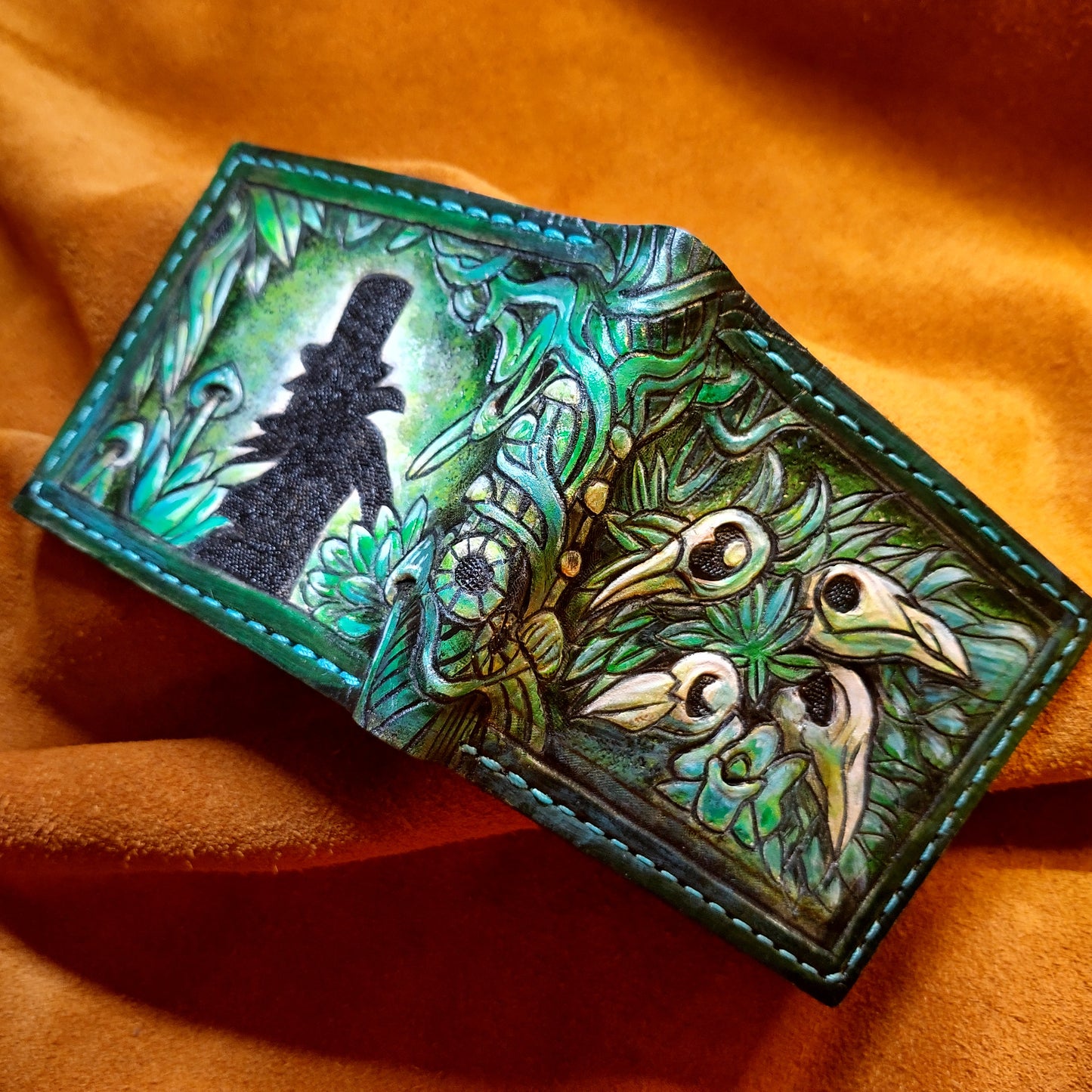 Green Crow Skull - Leather Bifold Wallet - Handcrafted Skull Wallet -