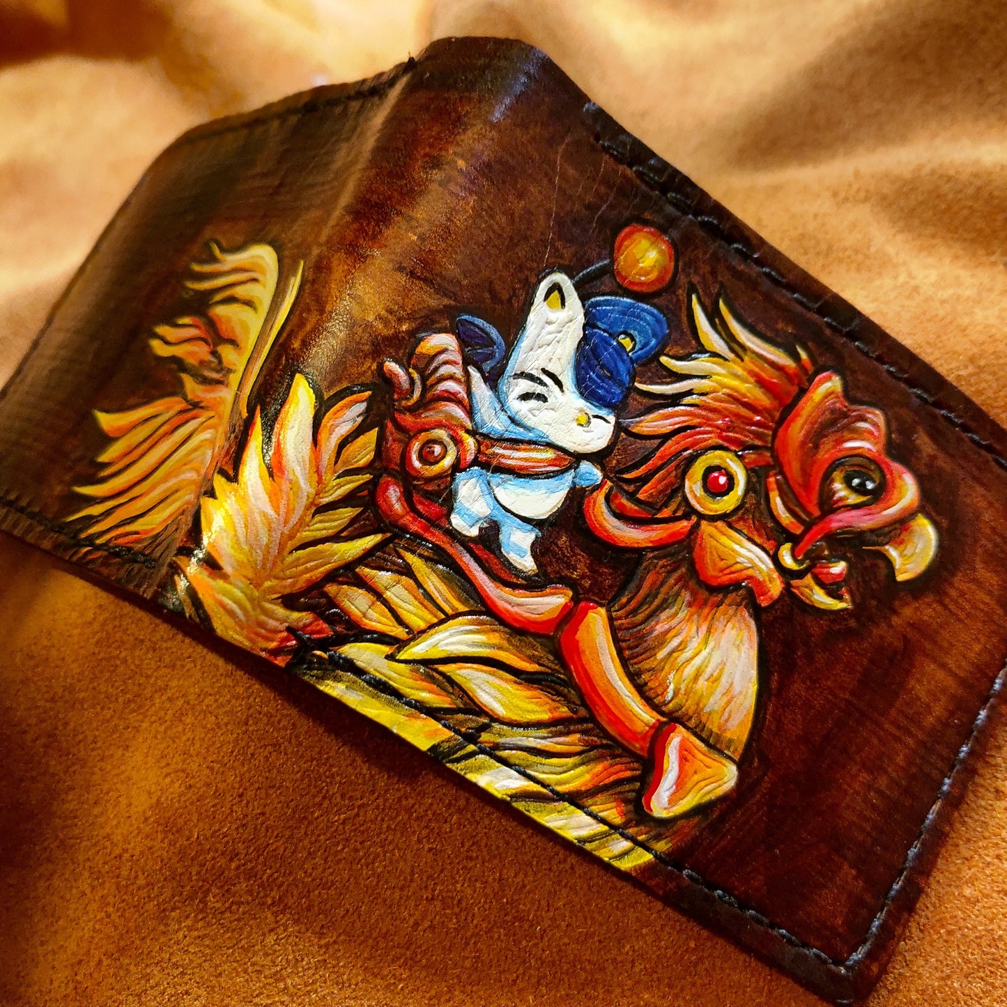 FF14 Gold Chocobo and moogle Rider - dark brown Leather Bifold Wallet - Handcrafted Final Fantasy 14 inspired Wallet -